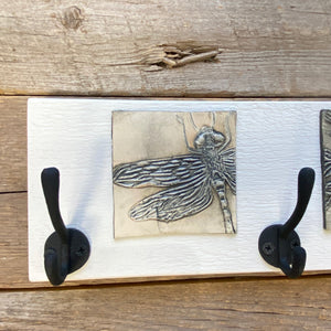 COAT RACK 19" WITH DRAGON FLY, FLOWERS & BIRD