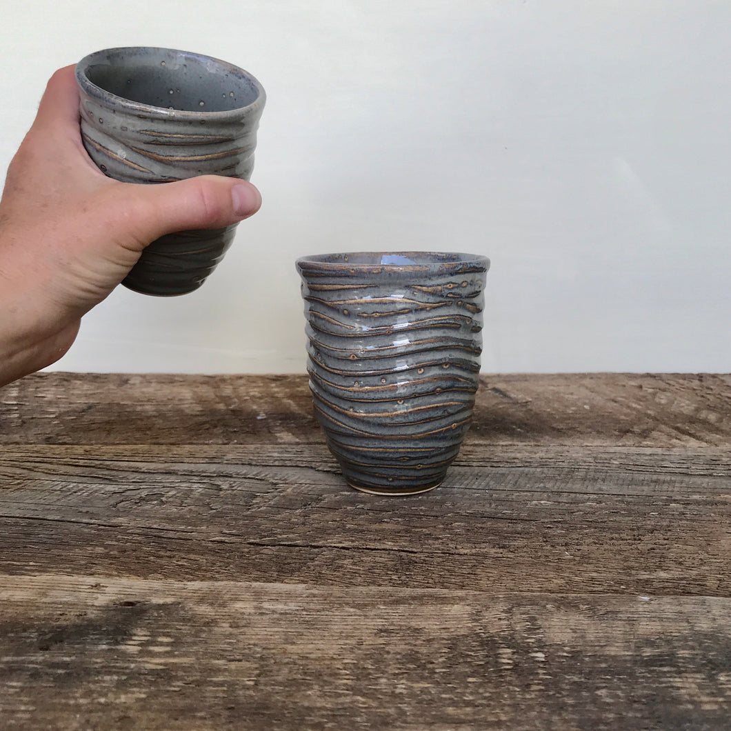 WINE CUPS IN SLATE WITH CARVED WAVES (SET OF 2)
