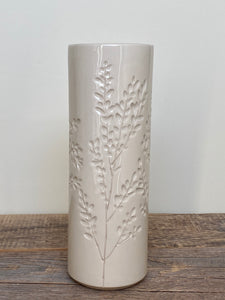 CYLINDER VASE MEDIUM IN IVORY WITH CARVED BRANCHES