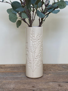 CYLINDER VASE MEDIUM IN IVORY WITH CARVED BRANCHES