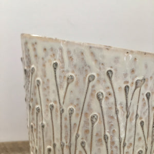 MILK JUG IN OATMEAL WITH PUSSY WILLOWS